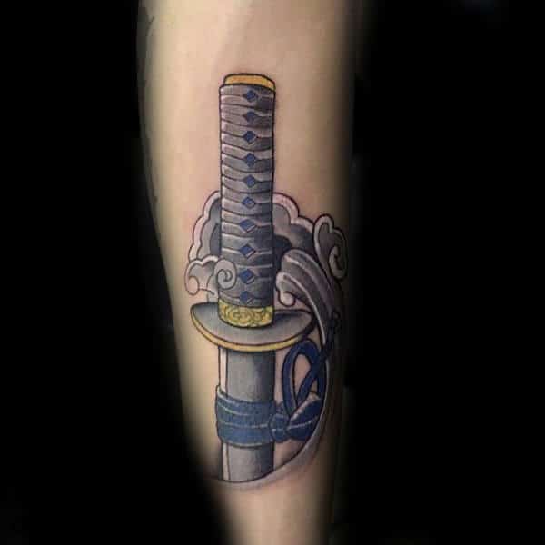 Clouds With Katana Mens Japanese Inner Forearm Tattoo Design Ideas
