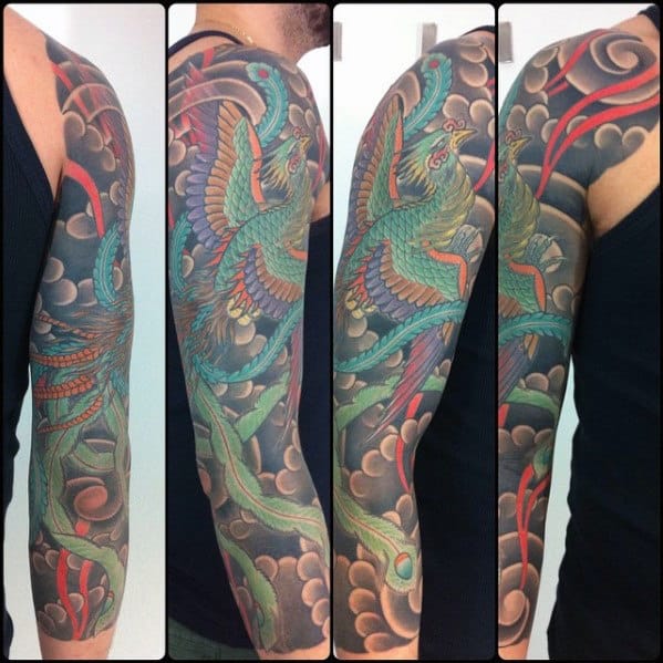 Clouds With Phoenix Mens Japanese Half Sleeve Tattoos