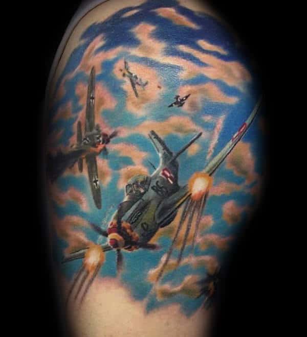 Clouds With Planes Mens Ww2 Quarter Sleeve Tattoos