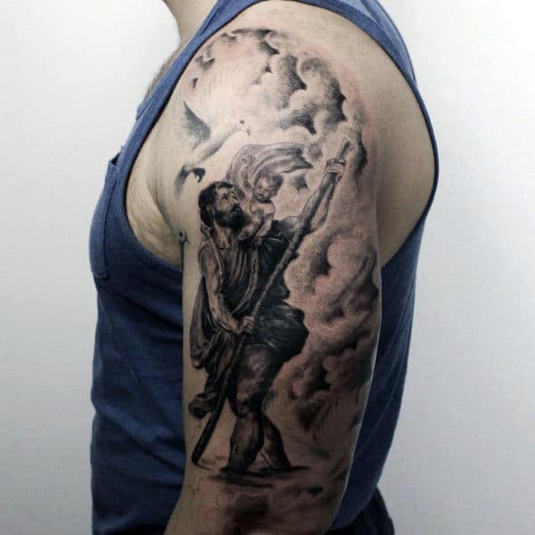 Clouds With Saint Christopher Mens Half Sleeve Tattoos