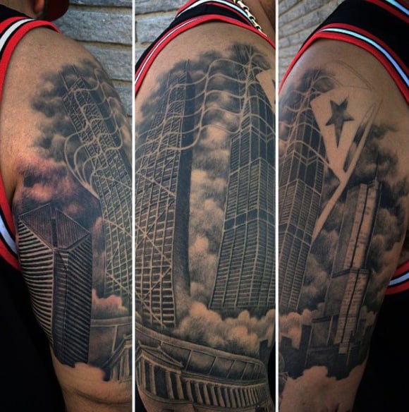 Cloudy Mens Chicago Skyline Upper Arm Tattoo