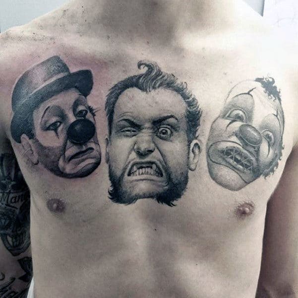Clown Faces Guys Tattoo Designs On Upper Chest