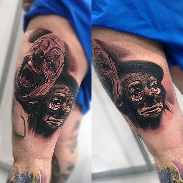 Clown Faces Mens Thigh Tattoos