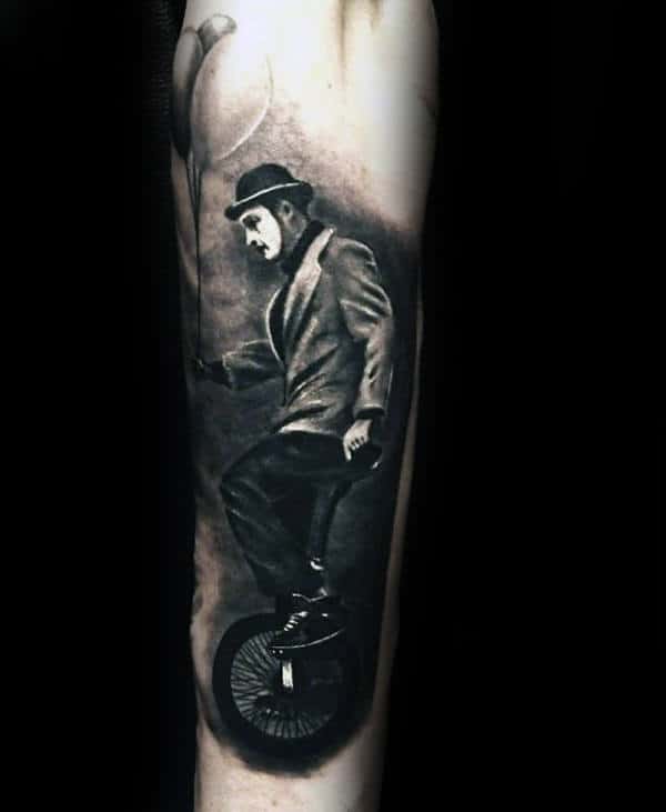 Clown Riding Unicycle With Ballons Mens Arm Tattoos With Realistic Design