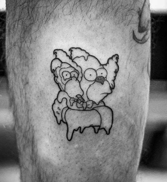 Black and white tattoo of Itchy and Scratchy melting together in a surreal, drippy design inspired by The Simpsons.