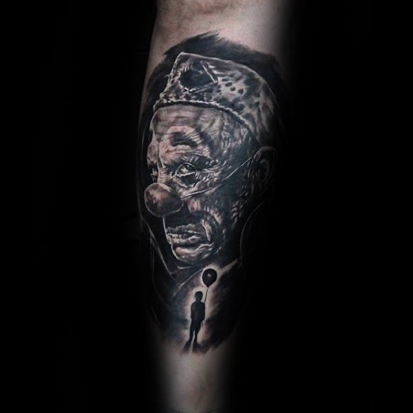 Clown With Child Holding Ballon Mens Outer Forearm Tattoos