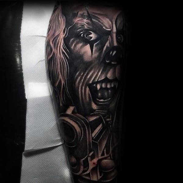 Clown With Pistol Guys Leg Sleeve Tattoos