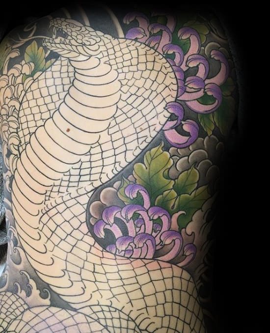 Cobra Snake Red Peony Flower Mens Full Back Tattoos