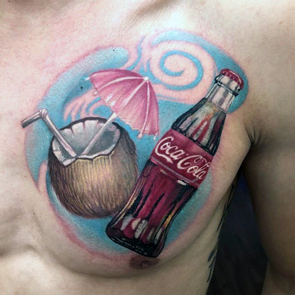 Tropical-themed Coca-Cola bottle tattoo on the chest, featuring a coconut drink with a straw and umbrella, set against a vibrant swirl background.