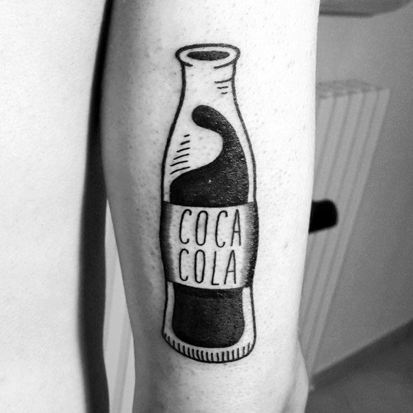 Minimalist black and white Coca-Cola bottle tattoo with bold linework and a playful, abstract liquid splash design for a modern look.