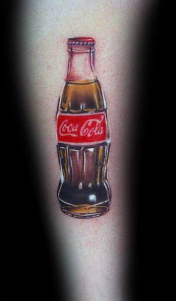 Realistic Coca-Cola bottle tattoo with vibrant colors, detailed highlights, and a glossy effect for a lifelike, refreshing appearance.