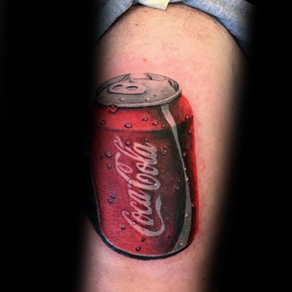 Hyper-realistic Coca-Cola can tattoo with detailed condensation drops, vibrant red tones, and a 3D effect for a lifelike, refreshing look.