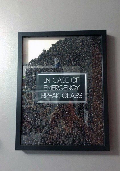 Framed wall art with coffee beans and text "In Case of Emergency Break Glass."