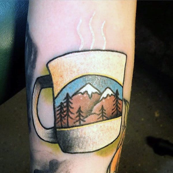 Coffee Mug In White Ink Tattoo With Mountain Design For Men