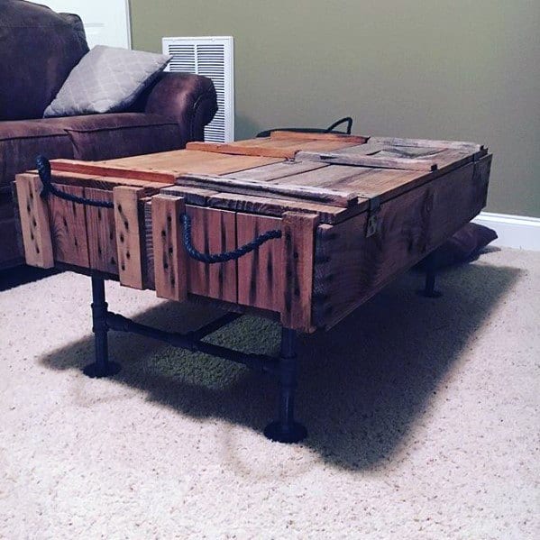 Rustic coffee table made from an upcycled wooden ammo crate with metal pipe legs in a cozy living room setting.