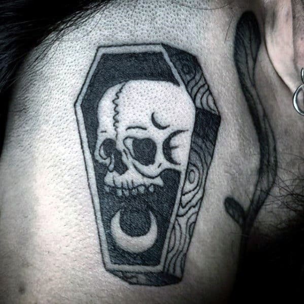 Coffin With Skull And Half Moon Mens Small Neck Tattoo