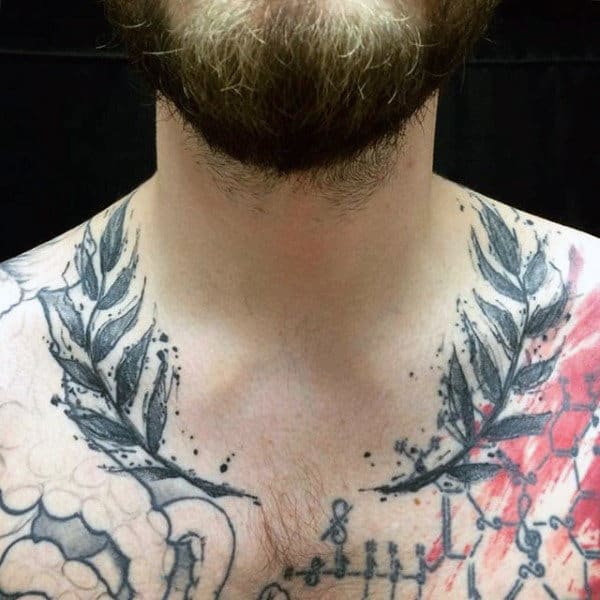 Collar Bone Guys Fern Tattoo With Watercolor Design