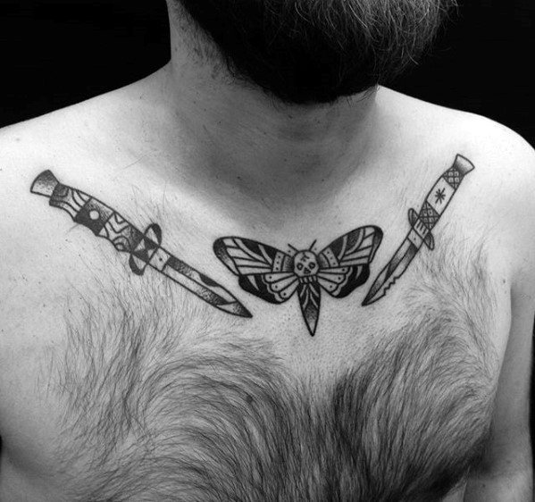 Collar Bone Traditional Guys Switchblade Tattoo Design Ideas