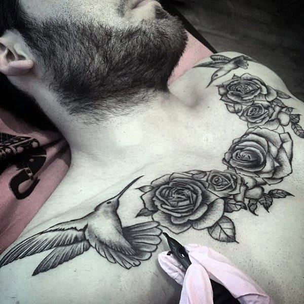 Collarbone Hummingbird Rose Flower Tattoos For Men