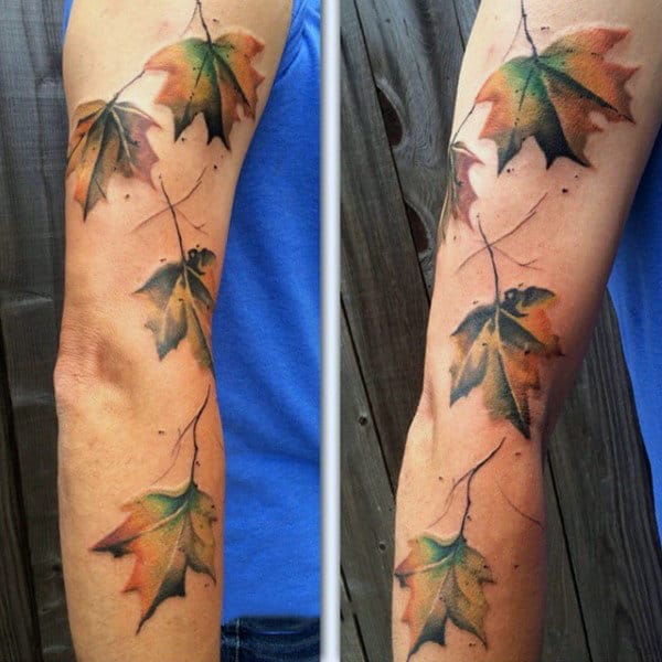 Color Autumn Leaf Tattoos For Guys On Arm