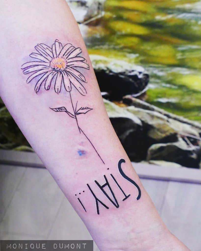 Forearm tattoo fine line illustrative color daisy with inverted script below ‘Stay..!