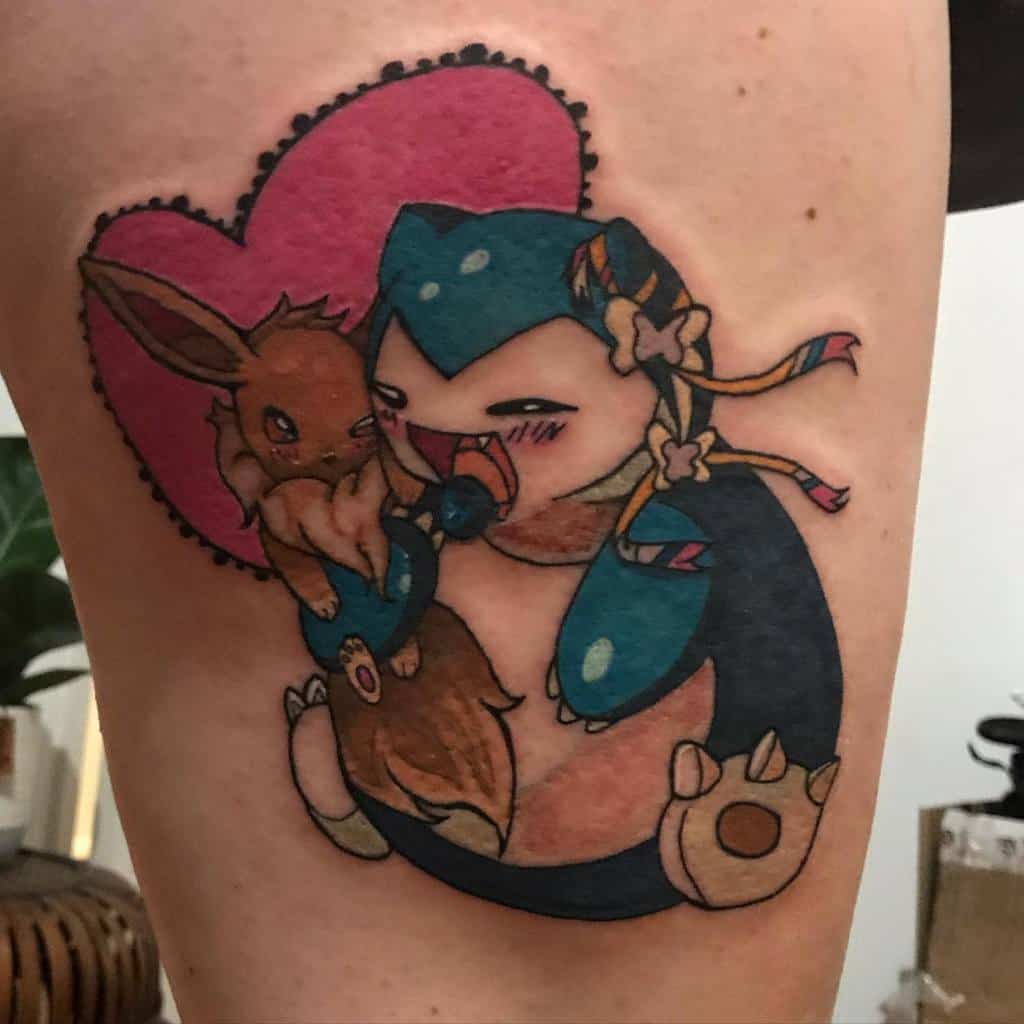 Adorable Eevee and Snorlax tattoo with soft colors and a heart backdrop, capturing a sweet and cozy moment