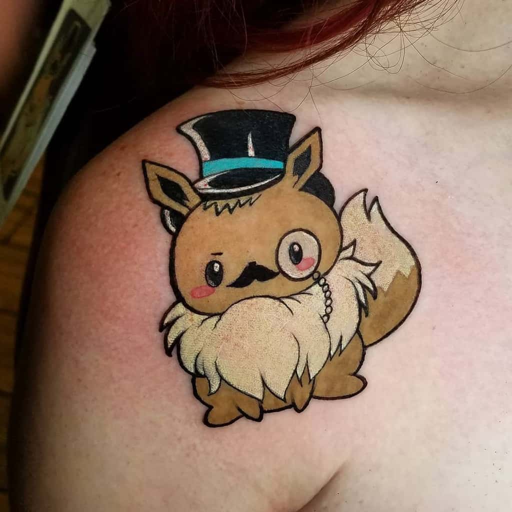 Charming gentleman Eevee tattoo with a top hat, monocle, mustache, and pearl necklace, adding a fun and classy twist
