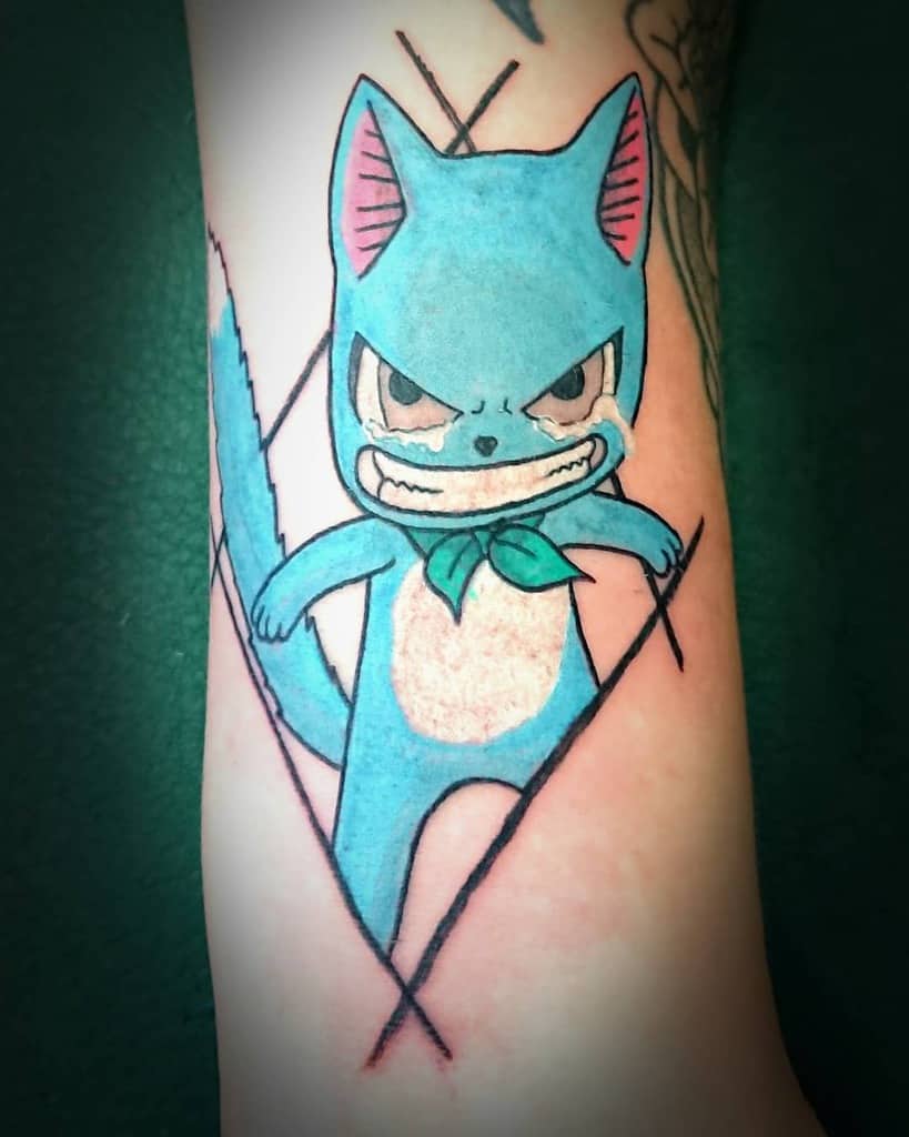 This tattoo features Happy from *Fairy Tail* in a fierce pose, with a determined expression, outlined by bold geometric lines.