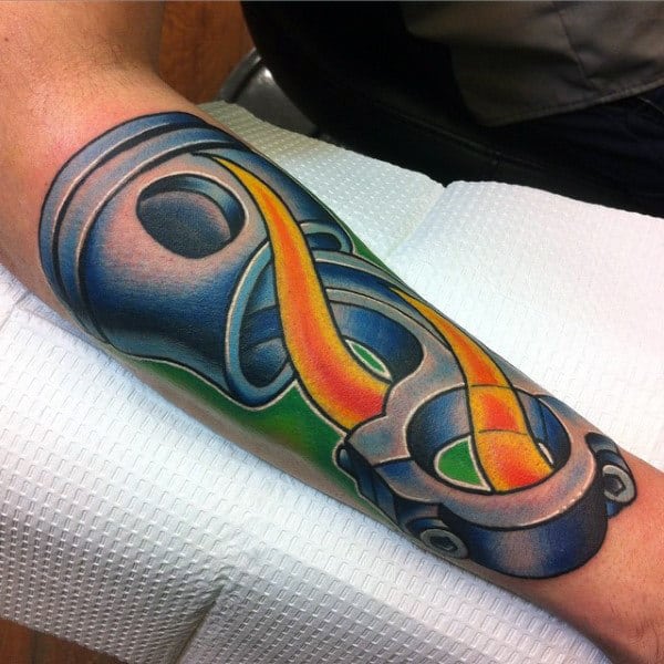Color Flaming Piston Tattoo Design Ideas For Men