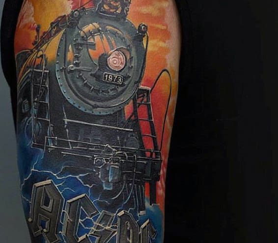 Color Flaming Train Tattoo For Guys