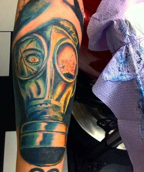 Color Gas Mask Tattoo On Forearm For Males