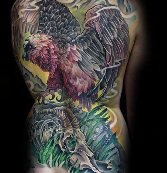 Color Guys Vulture With Skull In Grass Mens Full Back Tattoo