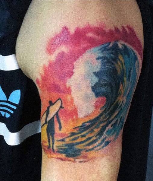 Sunset Color Guy's Water Waves Tattoo On Arm