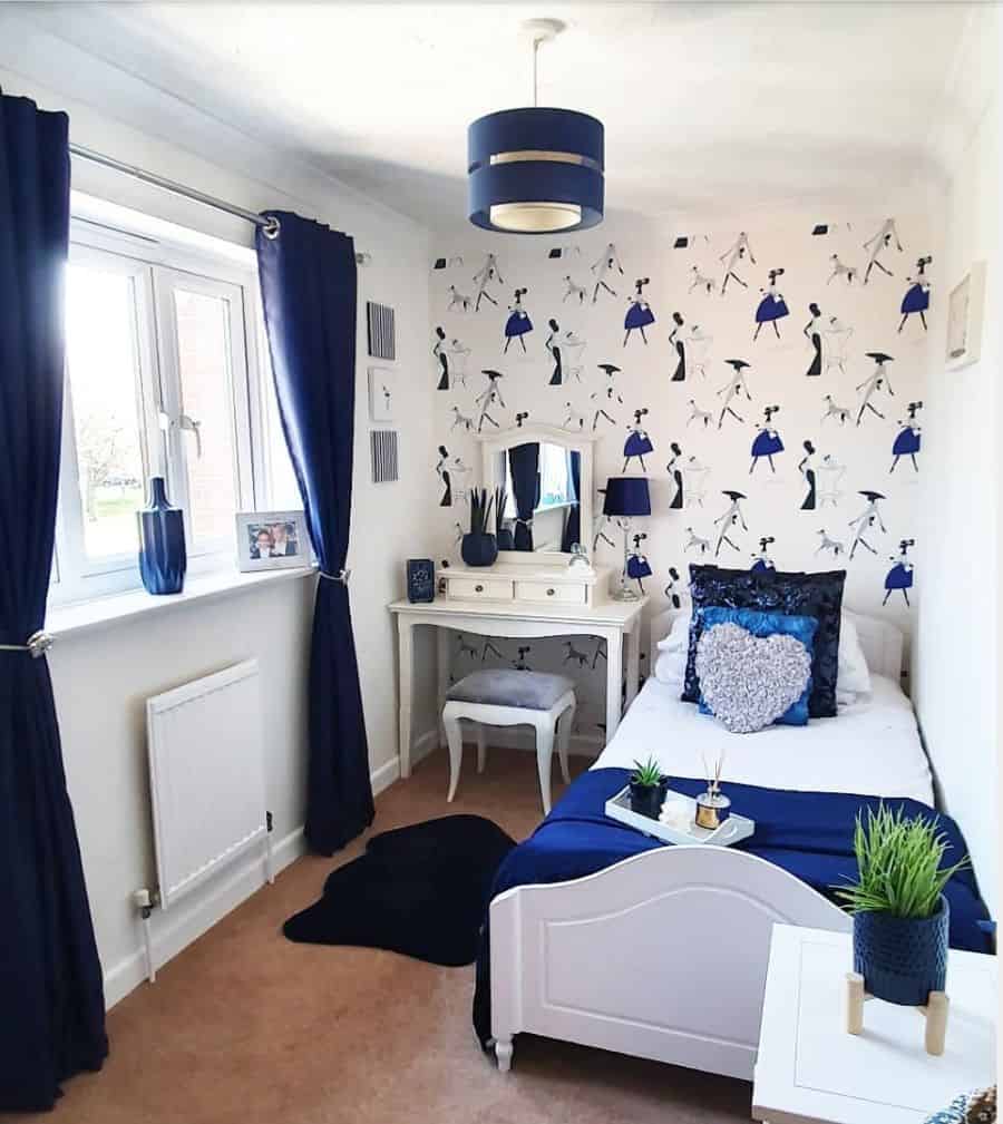 dancing wallpaper single bedroom with blue curtains
