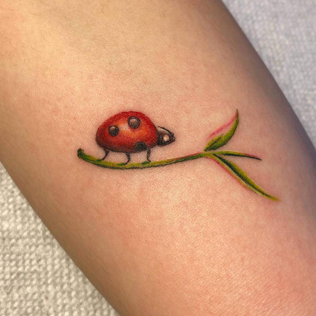 Delicate ladybug tattoo with a realistic touch, featuring a tiny red ladybug walking on a green stem with subtle shading and soft colors.