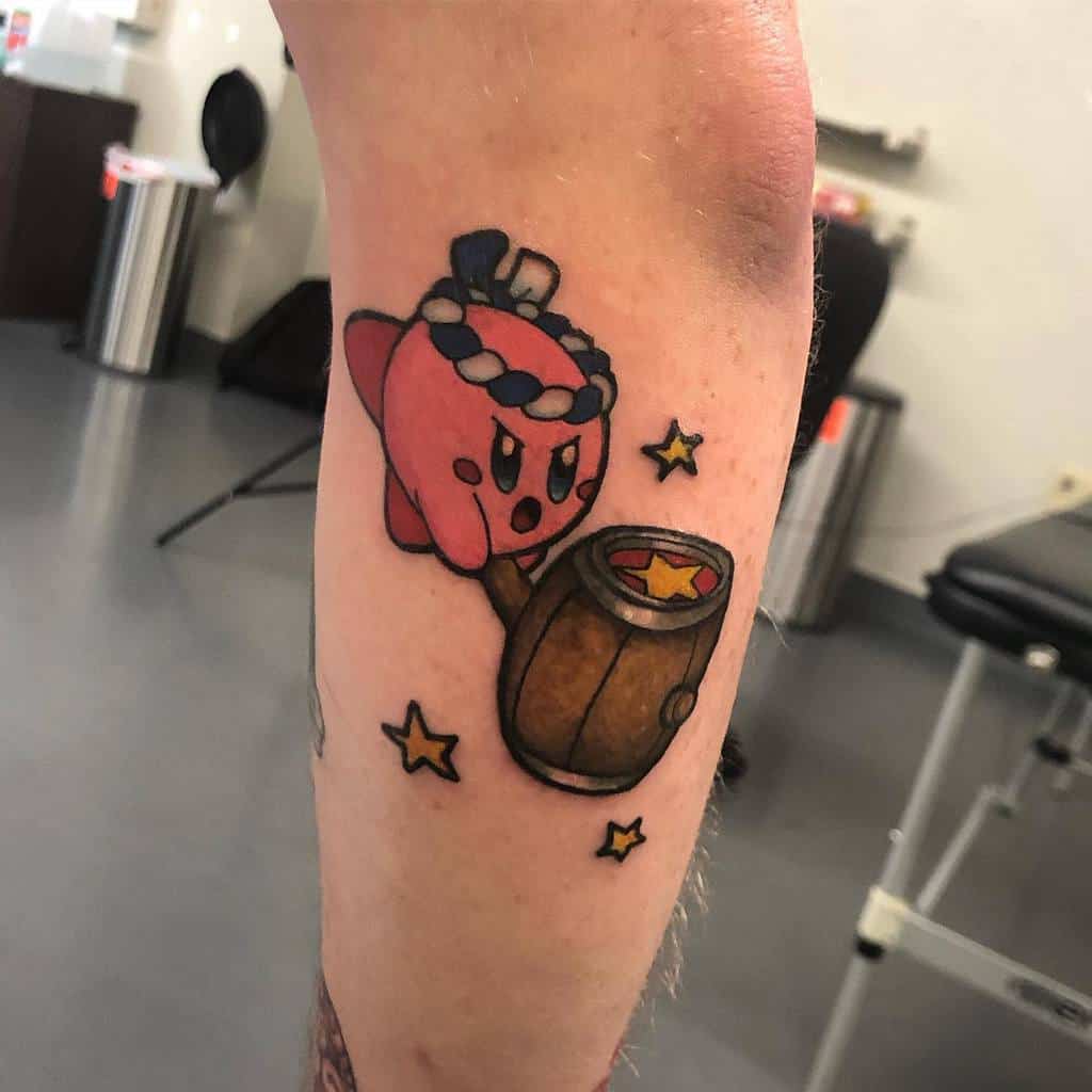 Kirby tattoo in a warrior headband, wielding a wooden hammer with a star emblem, a bold and dynamic design with strong shading