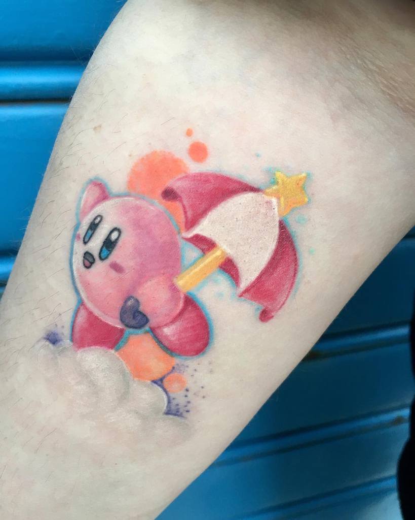 Kirby tattoo floating on a cloud, holding a pink parasol with a star tip, soft pastel colors create a dreamy and whimsical effect