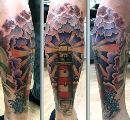 Color Leg Calf Lighthouse Tattoos For Men