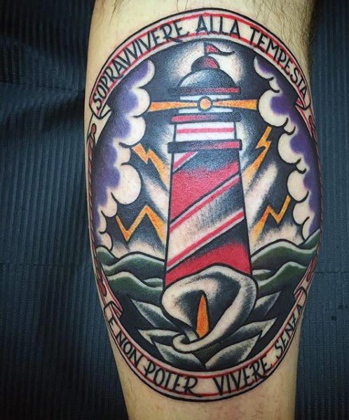 Color Lighthouse With Flower Tattoo For Men On Leg Calf