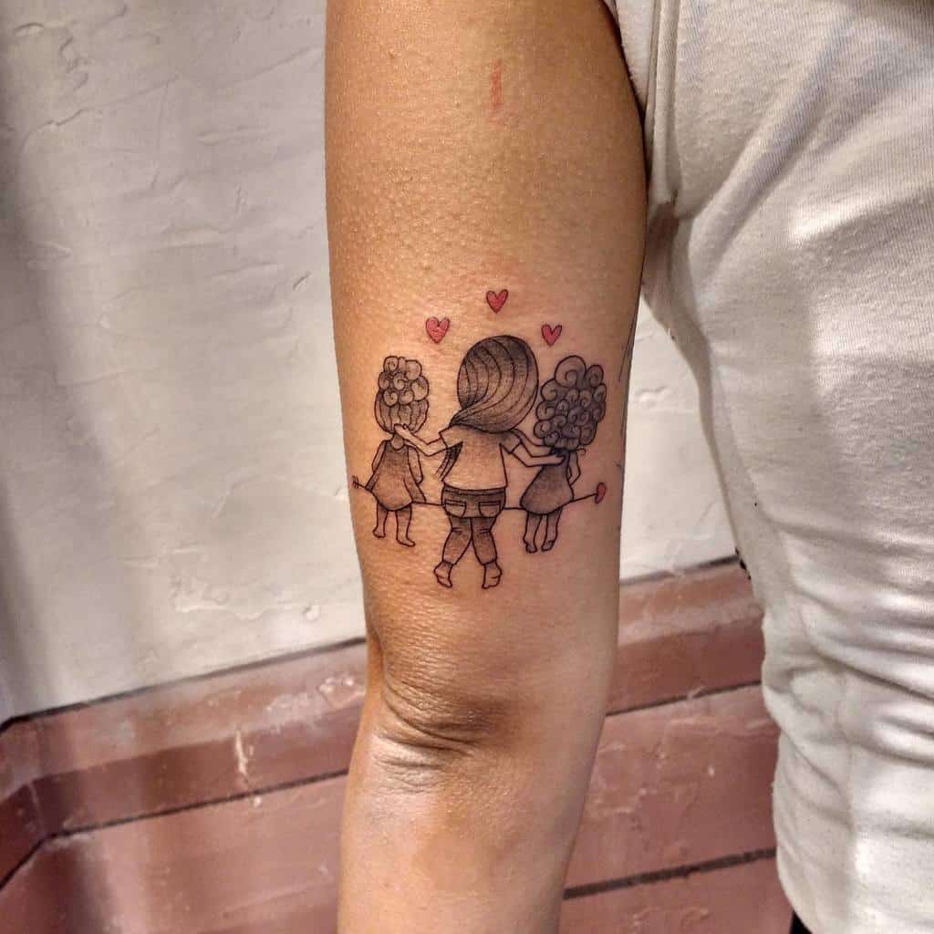 Cute sisterhood tattoo featuring three sisters holding hands, surrounded by small hearts, symbolizing love and connection