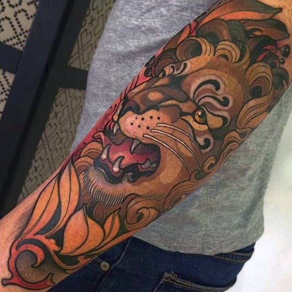 Color Manly Male Lion Tattoos