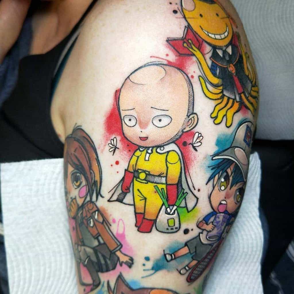 A colorful anime tattoo sleeve featuring chibi Saitama from One Punch Man holding groceries, surrounded by other anime characters