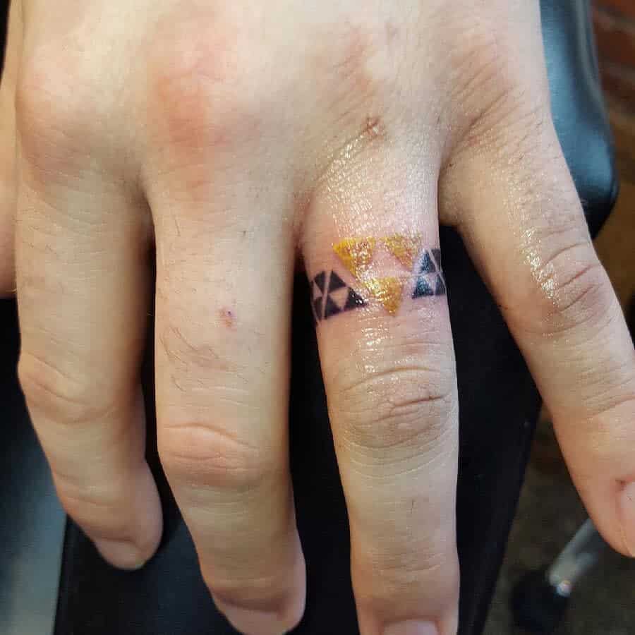 A geometric ring tattoo featuring a pattern of yellow and black triangles