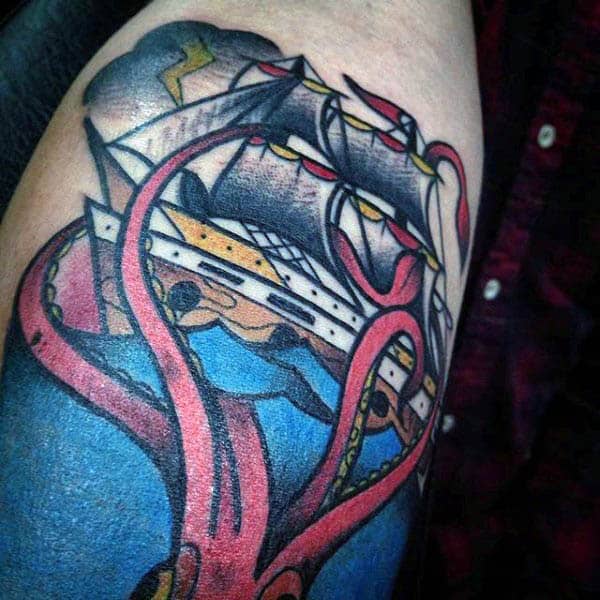 Color Small Mens Squid Tattoo With Sailboat Wrapped In Tentacles