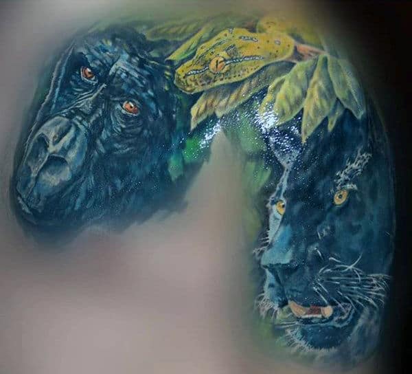 Color Tropical Forest Gorilla Jaguar And Snake Tattoo On Shoulder Of Man