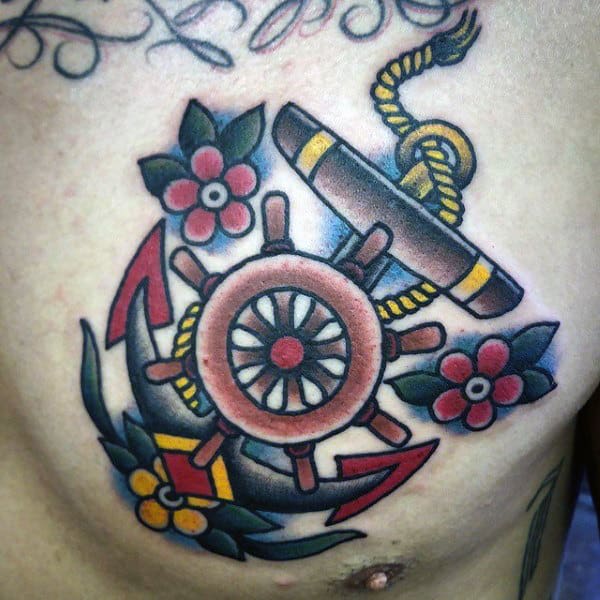 Color Upper Chest Ship Wheel With Flowers Tattoo For Men