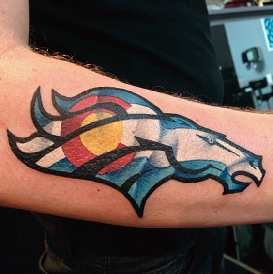 Colorado Flag Inside Denver Broncos Logo Mens Outer Arm Tattoo