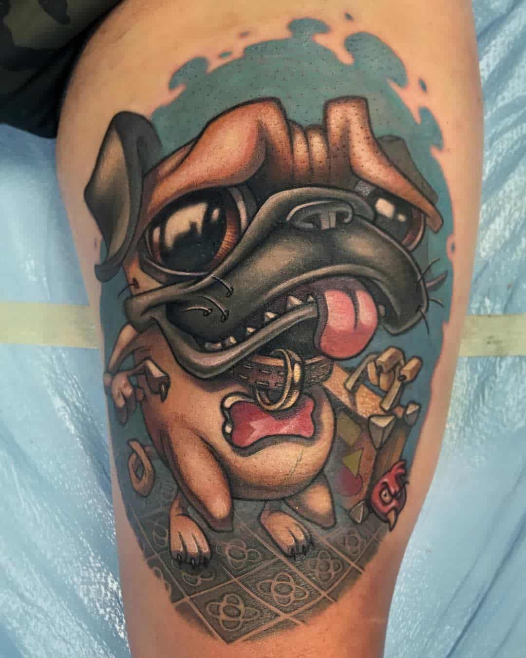 Tattoo of a pug, tongue out, wearing a collar, surrounded by blue color, holding a geometric style briefcase with chicken stuck on it, standing in pattern tiles