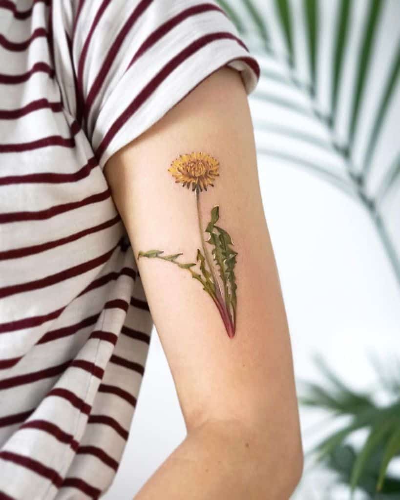 Vibrant dandelion tattoo on the upper arm in realistic colors, featuring yellow petals and green leaves, symbolizing resilience and growth.