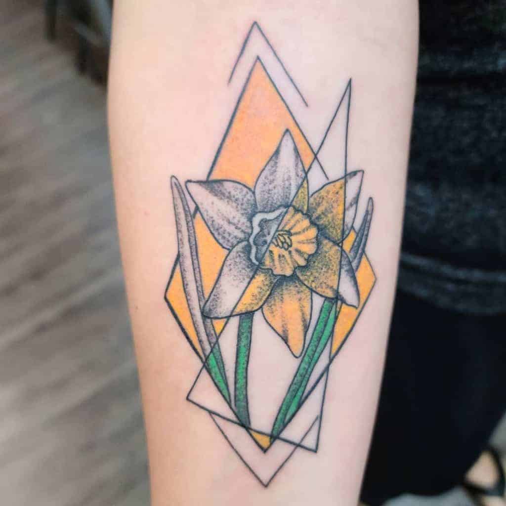 Geometric tattoo of a daffodil with an orange diamond-shaped background and thin black lines